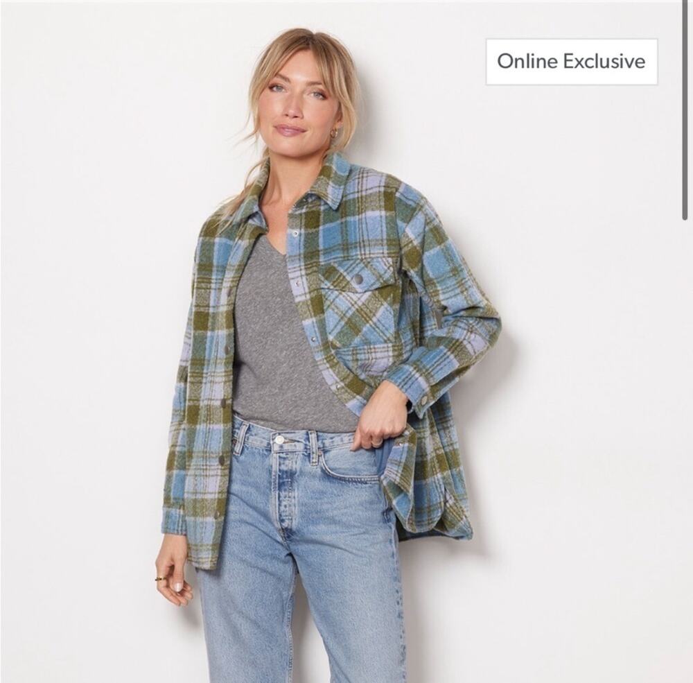 Monrow Blue Green Plaid Shacket Jacket S